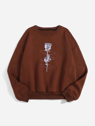 Groove Round Neck Printed Fleece Sweatshirt APRIN36 - Brown