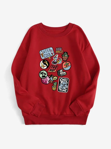 Groove Round Neck Printed Fleece Sweatshirt APRIN32 - Red
