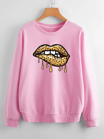 Groove Round Neck Printed Fleece Sweatshirt APRIN26 - Pink