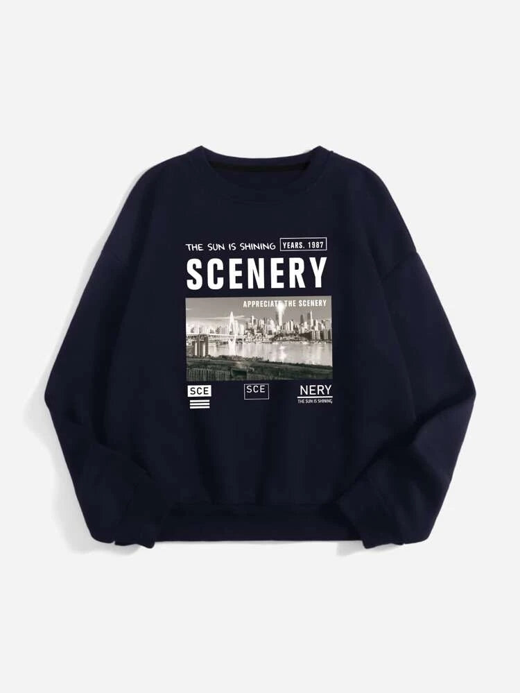 Groove Round Neck Printed Fleece Sweatshirt APRIN35 - Navy Blue