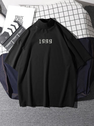 Mens Mock Neck Cotton Printed T-Shirt - GRMPR48 - Black