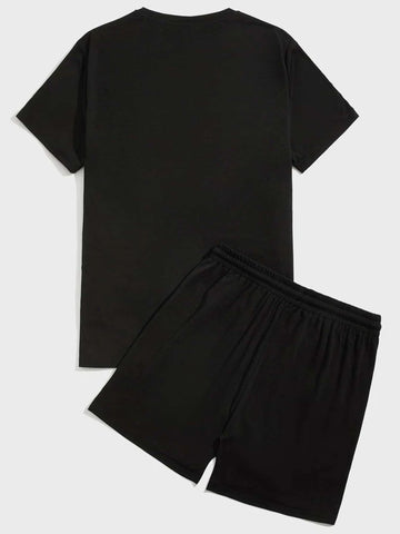 Mens Printed T-Shirt and Shorts Co Ord Set MCSPR30 - Black Black