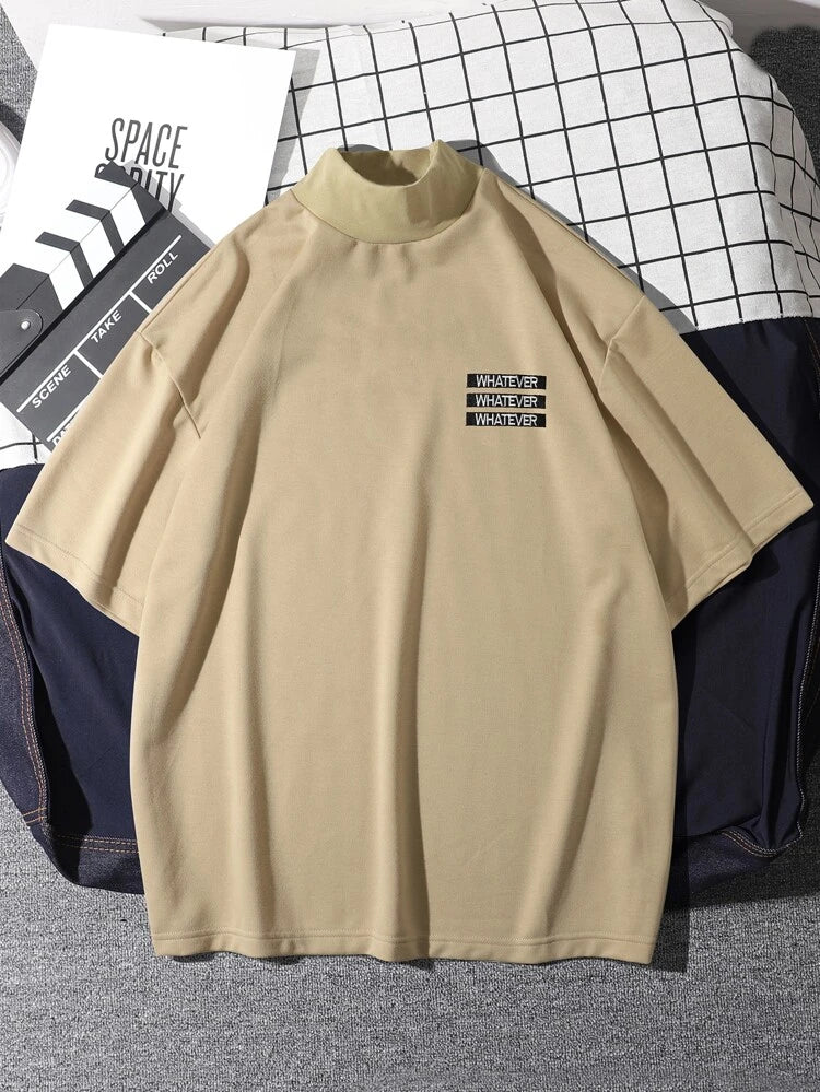 Mens Mock Neck Cotton Printed T-Shirt - GRMPR50 - Cream