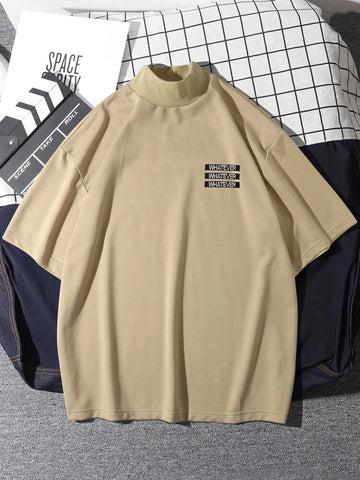 Mens Mock Neck Cotton Printed T-Shirt - GRMPR50 - Cream
