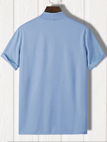 Mens Mock Neck Cotton Printed T-Shirt - GRMPR47 - Light Blue