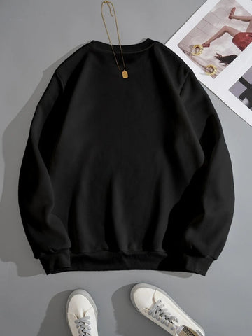 Groove Round Neck Printed Fleece Sweatshirt APRIN257 - Black