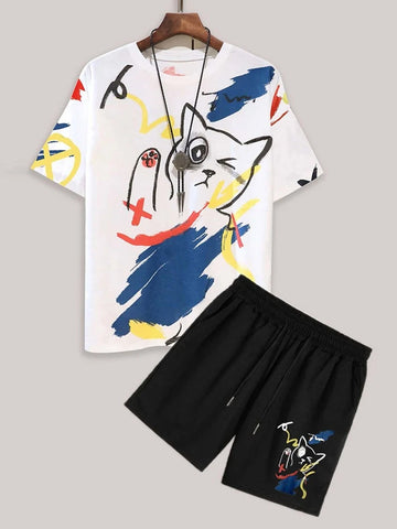 Mens Printed T-Shirt and Shorts Co Ord Set MCSPR31 - White Black