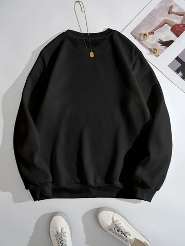 Groove Round Neck Printed Fleece Sweatshirt APRIN255 - Black
