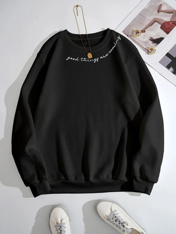 Groove Round Neck Printed Fleece Sweatshirt APRIN255 - Black