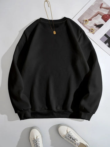 Groove Round Neck Printed Fleece Sweatshirt APRIN252 - Black