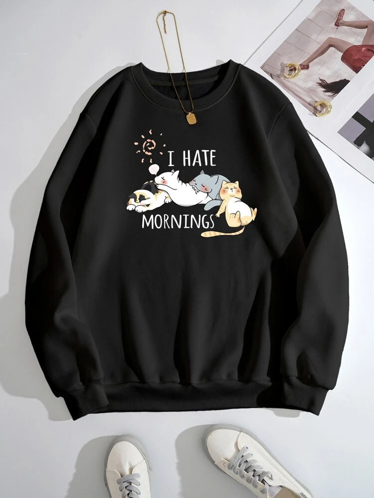 Groove Round Neck Printed Fleece Sweatshirt APRIN252 - Black