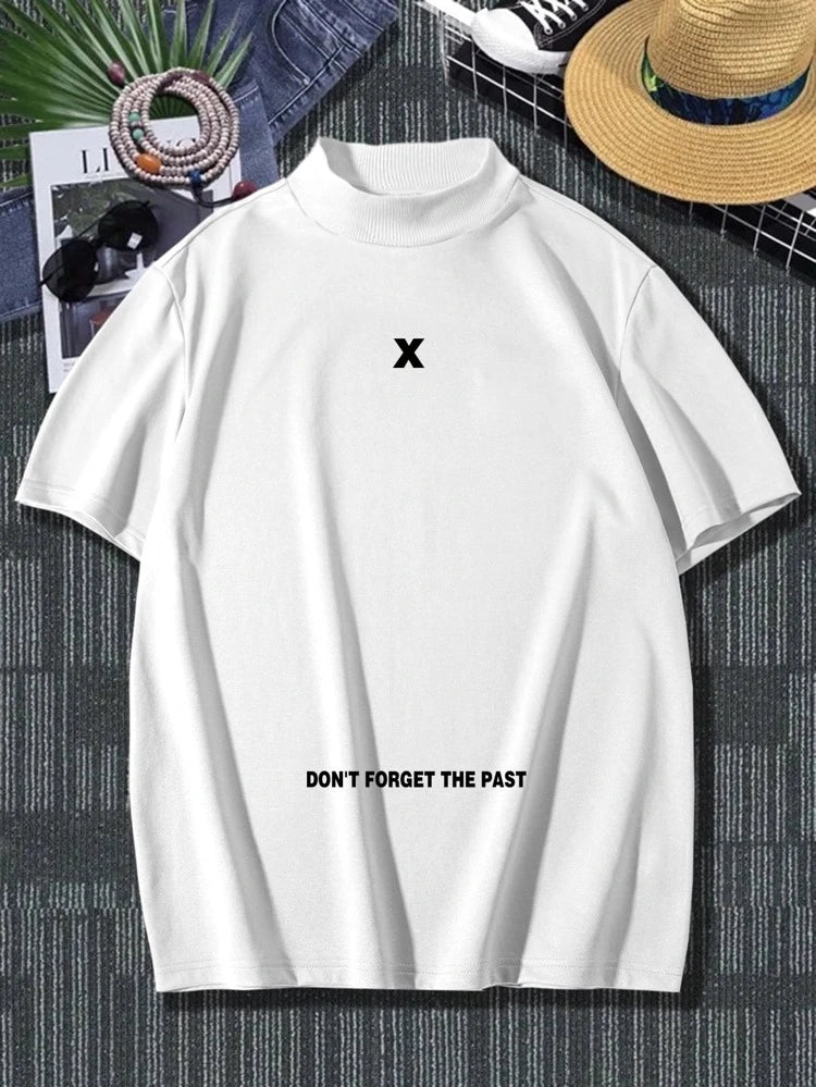 Mens Mock Neck Cotton Printed T-Shirt - GRMPR49 - White