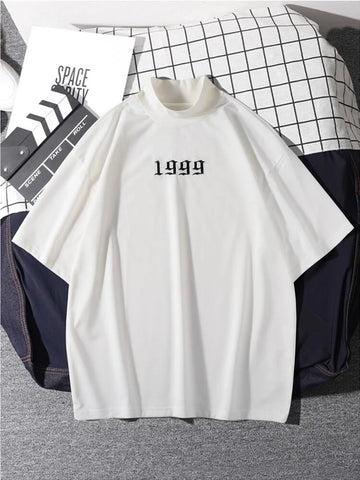 Mens Mock Neck Cotton Printed T-Shirt - GRMPR48 - White