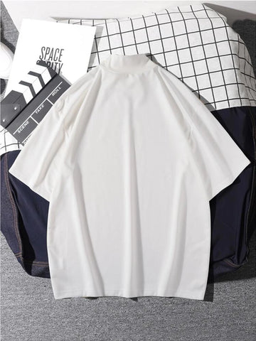 Mens Mock Neck Cotton Printed T-Shirt - GRMPR48 - White