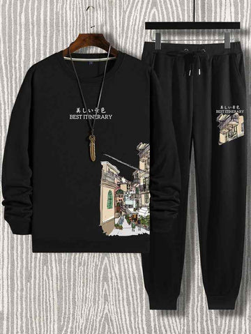 Sweatshirt and Pants Printed Set - GRUMSPS3 - Black Black