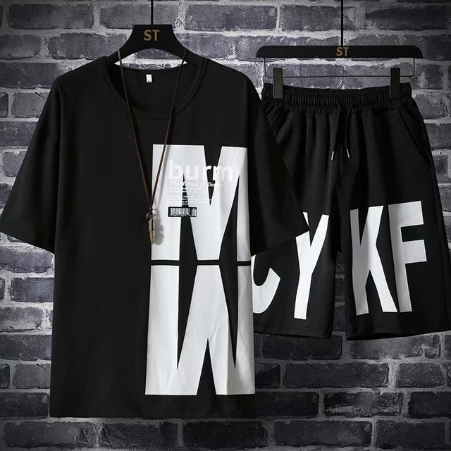 Mens Printed T-Shirt and Shorts Co Ord Set MCSPR13 - Black Black