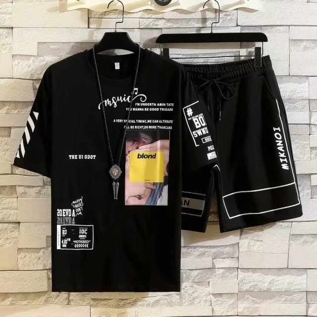 Mens Printed T-Shirt and Shorts Co Ord Set MCSPR5 - Black Black