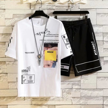 Mens Printed T-Shirt and Shorts Co Ord Set MCSPR5 - White Black