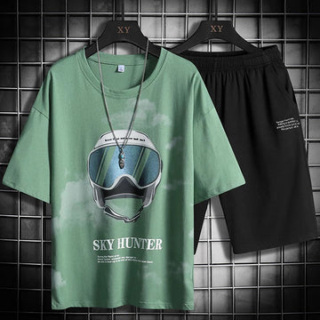 Mens Printed T-Shirt and Shorts Co Ord Set MCSPR17 - Green Black