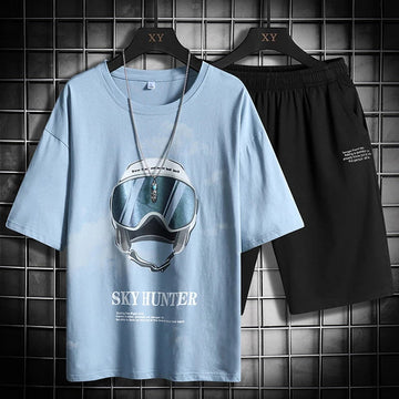 Mens Printed T-Shirt and Shorts Co Ord Set MCSPR17 - Blue Black