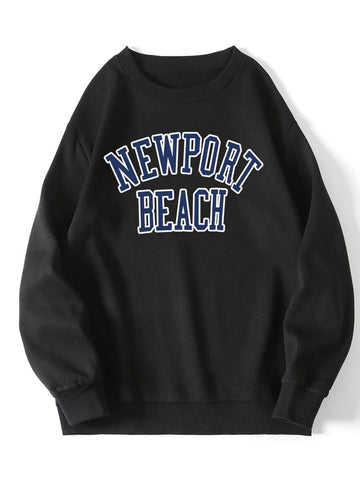 Groove Round Neck Printed Fleece Sweatshirt APRIN7 - Black