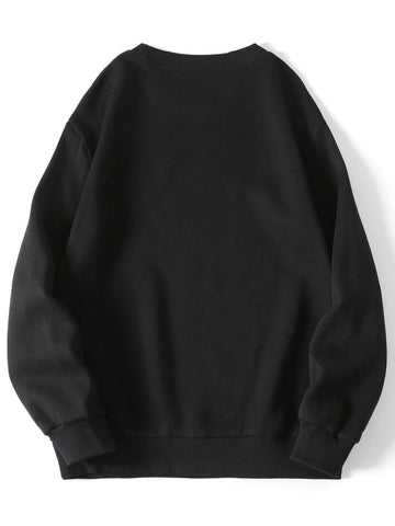 Groove Round Neck Printed Fleece Sweatshirt APRIN7 - Black