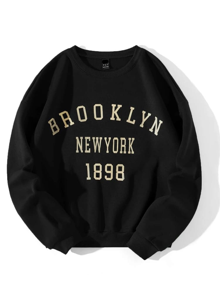 Groove Round Neck Printed Fleece Sweatshirt APRIN3 - Black