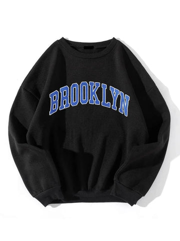 Groove Round Neck Printed Fleece Sweatshirt APRIN4 - Black
