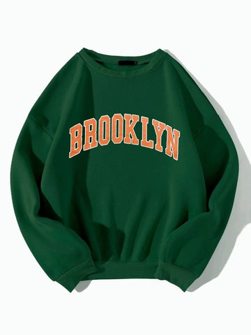 Groove Round Neck Printed Fleece Sweatshirt APRIN4 - Green