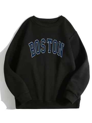 Groove Round Neck Printed Fleece Sweatshirt APRIN24 - Black