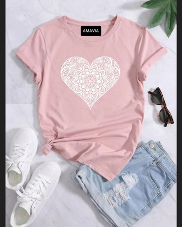 Womens Premium Cotton Printed T-Shirt - APRIN50 - Pink