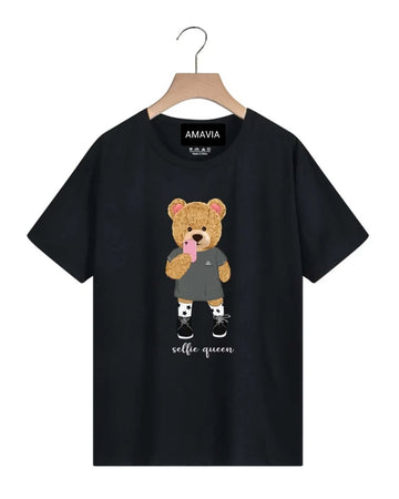 Womens Premium Cotton Printed T-Shirt - APRIN89 - Black