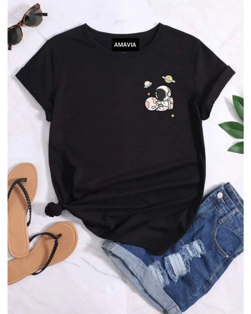 Womens Premium Cotton Printed T-Shirt - APRIN128 - Black