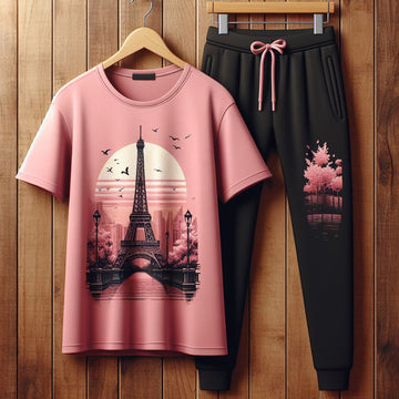 USSX T-Shirt and Jogger Pants Printed Set - GRUUXWSS7 - Pink Black