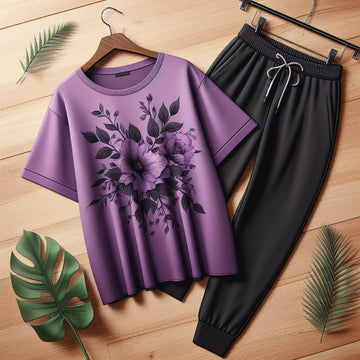 USSX T-Shirt and Jogger Pants Printed Set - GRUUXWSS3 - Purple Black