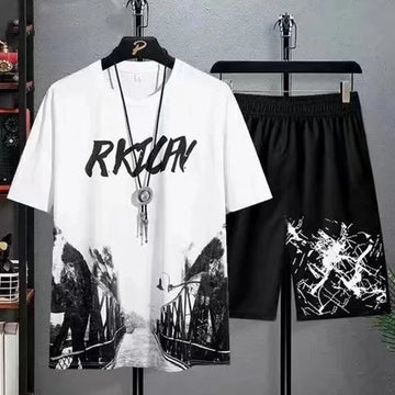 Mens Printed T-Shirt and Shorts Co Ord Set MCSPR6 - White Black