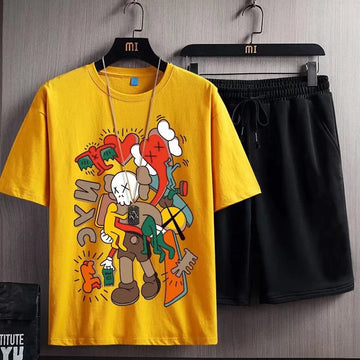 Mens Printed T-Shirt and Shorts Co Ord Set MCSPR21 - Yellow Black