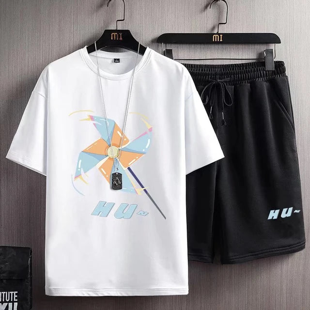 Mens Printed T-Shirt and Shorts Co Ord Set MCSPR22 - White Black