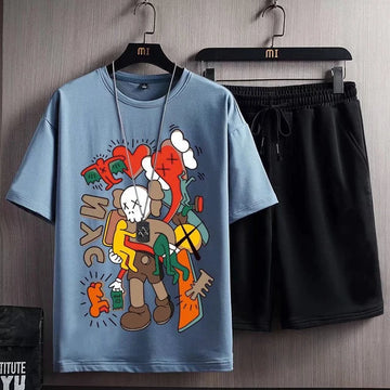 Mens Printed T-Shirt and Shorts Co Ord Set MCSPR21 - Blue Black