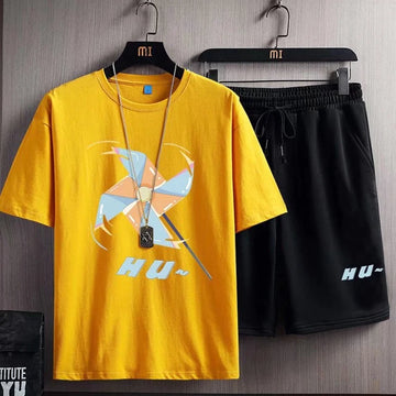 Mens Printed T-Shirt and Shorts Co Ord Set MCSPR22 - Yellow Black