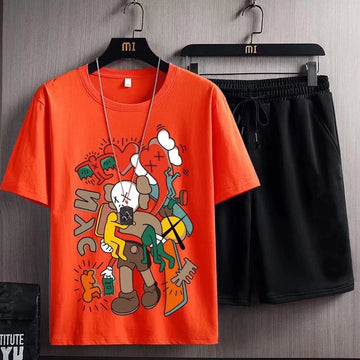 Mens Printed T-Shirt and Shorts Co Ord Set MCSPR21 - Orange Black