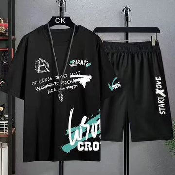 Mens Printed T-Shirt and Shorts Co Ord Set MCSPR2 - Black Black