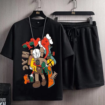 Mens Printed T-Shirt and Shorts Co Ord Set MCSPR21 - Black Black