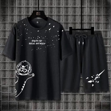 Mens Printed T-Shirt and Shorts Co Ord Set MCSPR4 - Black Black