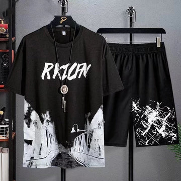 Mens Printed T-Shirt and Shorts Co Ord Set MCSPR6 - Black Black
