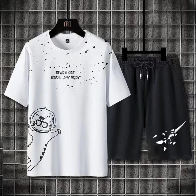 Mens Printed T-Shirt and Shorts Co Ord Set MCSPR4 - White Black