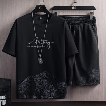 Mens Printed T-Shirt and Shorts Co Ord Set MCSPR7 - Black Black