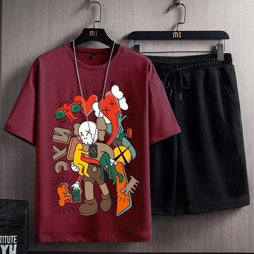 Mens Printed T-Shirt and Shorts Co Ord Set MCSPR21 - Maroon Black