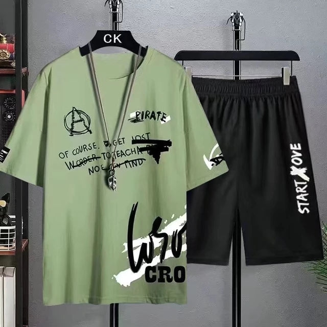 Mens Printed T-Shirt and Shorts Co Ord Set MCSPR2 - Green Black