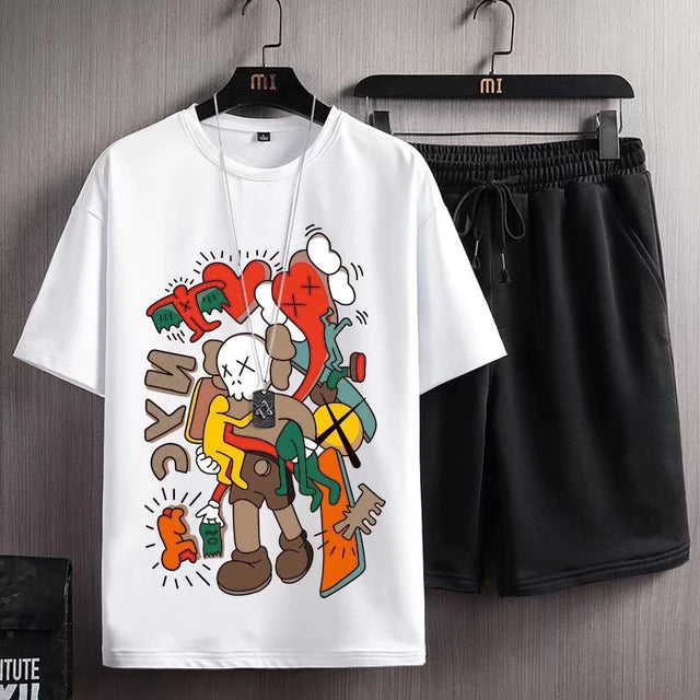 Mens Printed T-Shirt and Shorts Co Ord Set MCSPR21 - White Black